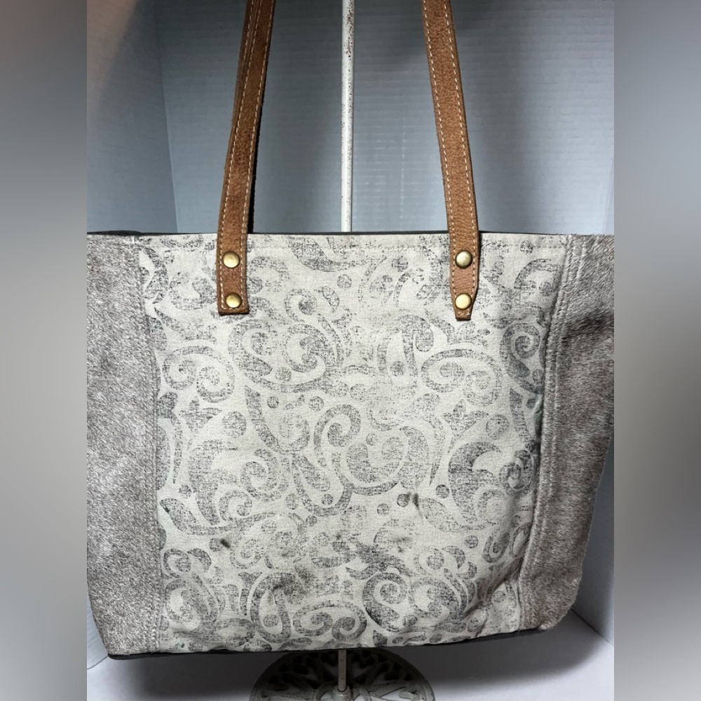Myra Bag Leaf Print Cowhide & Upcycled Canvas Tote Bag